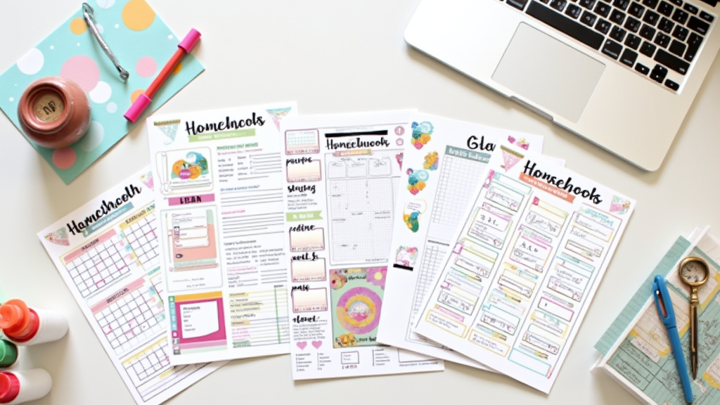 A vibrant display of various printable planners, calendars, and worksheets on a minimalist desk with craft supplies and a laptop.
