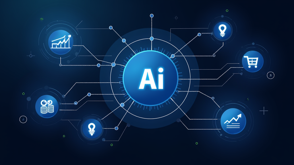 An abstract illustration of interconnected AI and automation tools with digital income symbols, such as coins and graphs.