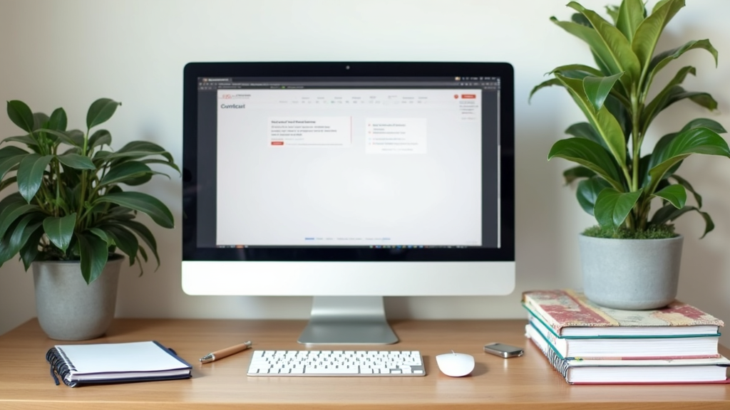 A tidy, modern desk with a computer, lots of notebooks, and a plant, symbolizing evergreen content creation and passive digital income.