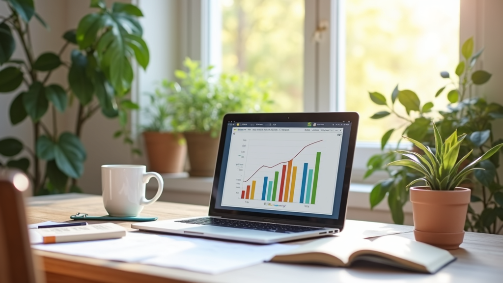 Colorful home workspace showing laptop, coffee mug, and income charts