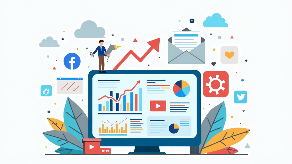 Illustration of various digital marketing tools, software icons, and graphical elements representing online growth and promotion strategies