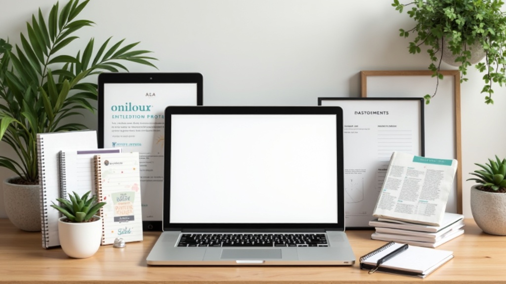 A collection of digital products like ebooks, online courses, and digital planners on a natural wooden desk with plants and a laptop, symbolizing passive income streams