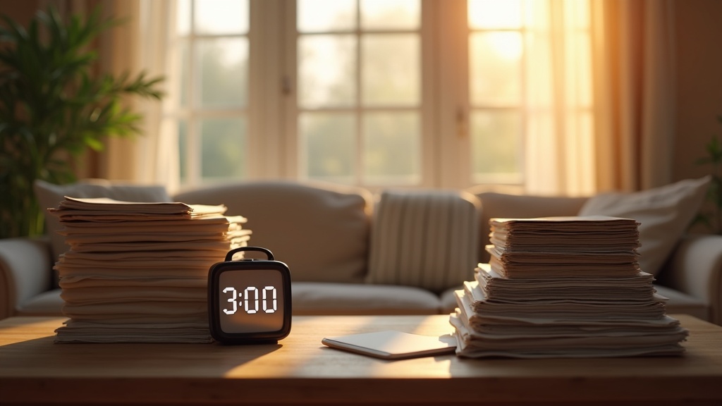 A relaxing empty living room with sunlight streaming through the windows, stacks of mail labeled 'passive income', and a quiet digital clock showing 3:00 AM on a coffee table.