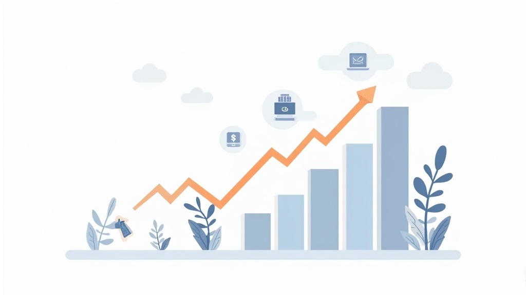 An illustration of digital product sales growth concepts such as charts, digital devices, and online product icons