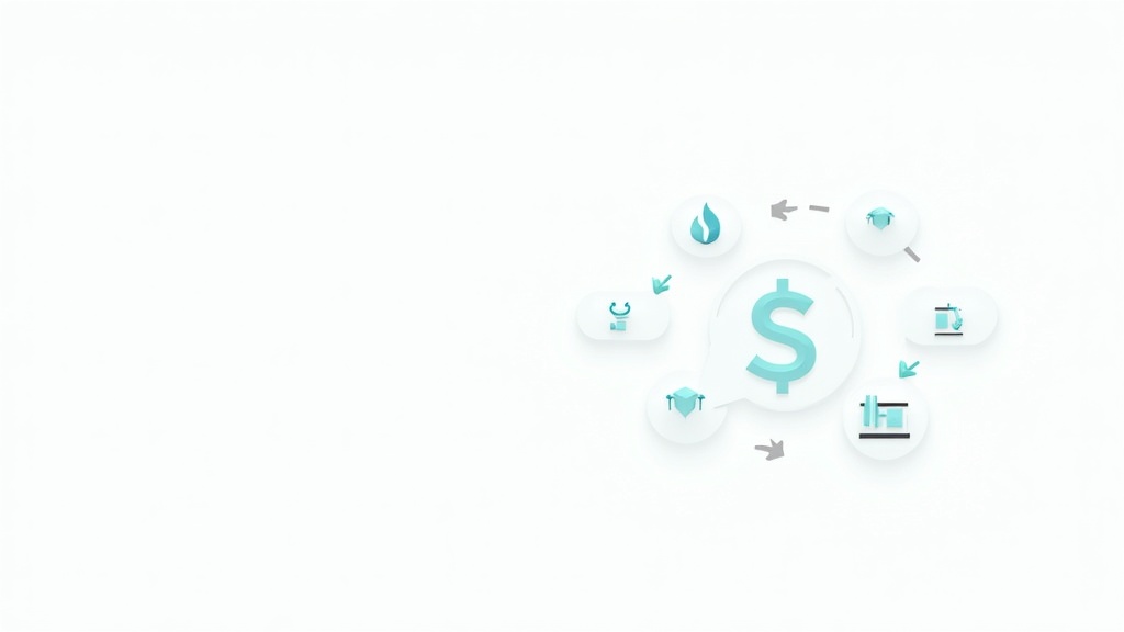 Illustration of passive online income concept, featuring recurring dollar icons and digital network symbols. Revenue streams shown as arrows leading into a growing wallet or dashboard.