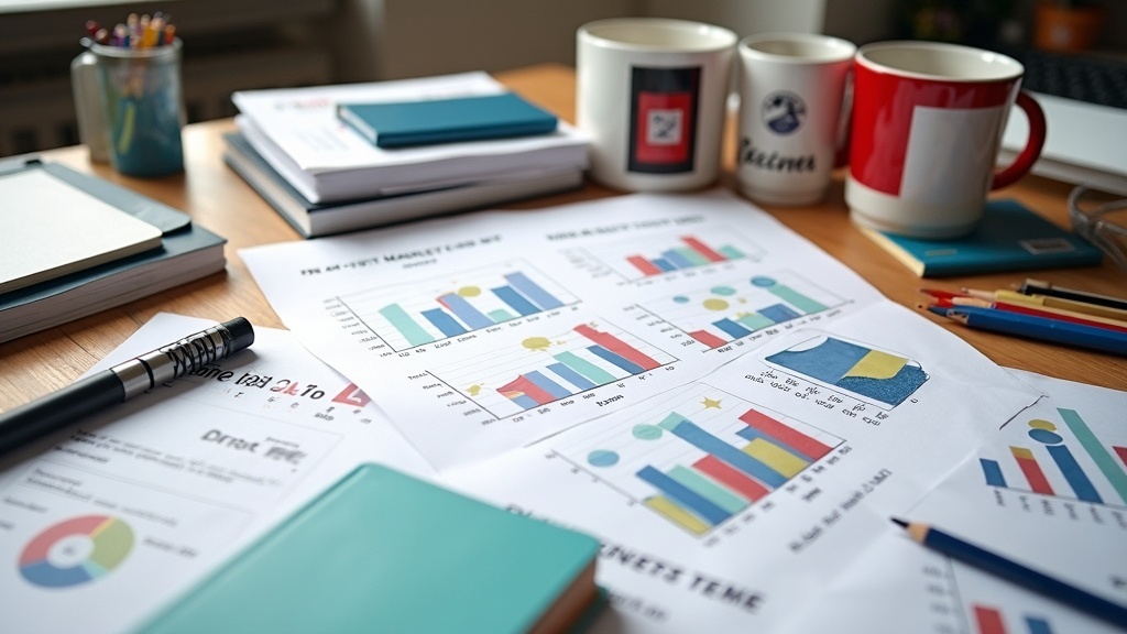 Desk covered with print-on-demand products like mugs, shirts, and notebooks, alongside design sketches and market data charts