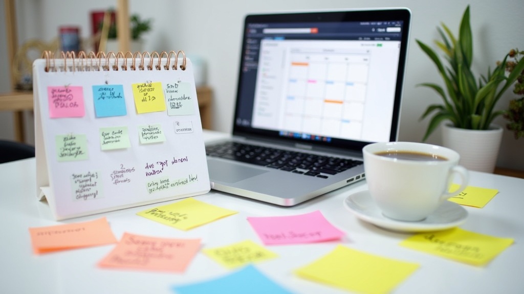 A calendar with marked dates, a laptop, and an affiliate dashboard on screen. Colorful notecards and checklists next to a coffee cup on a desk.
