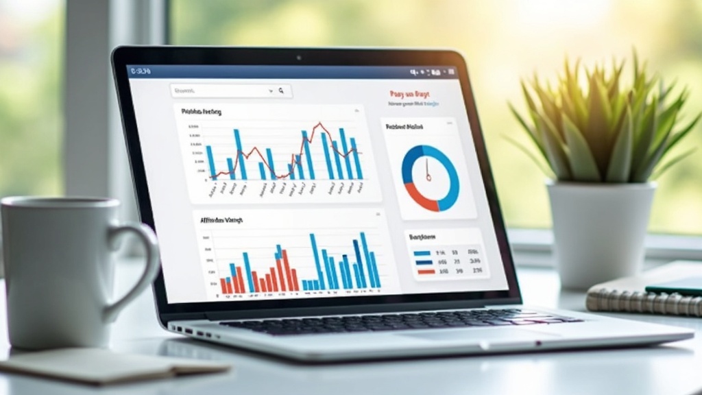 A computer workspace with a laptop, notepad, and plant, with affiliate marketing icons appearing above the screen.