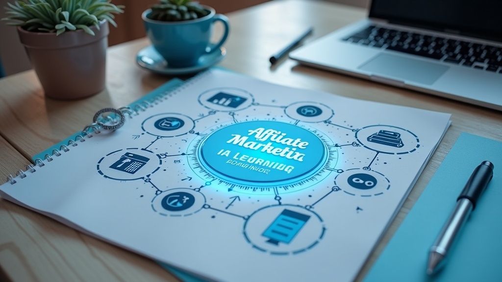 A workspace with a laptop, notes, and digital icons representing affiliate marketing, e-learning, AI tools, and cloud hosting. Ideal for visualizing modern online marketing education resources.