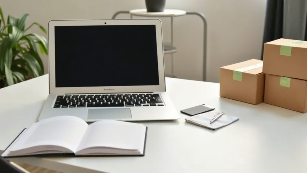A tidy, modern desk setup with a laptop, boxes, payment card, and notebook, representing the process of budgeting for a dropshipping business.
